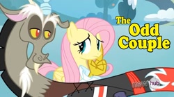 Size: 1024x573 | Tagged: safe, discord, fluttershy, pegasus, pony, crossover, image macro, the odd couple