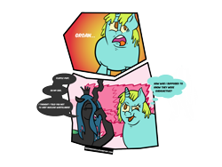 Size: 1600x1200 | Tagged: safe, artist:sneshneeorfa, queen chrysalis, whoa nelly, changeling, changeling queen, comic, implied fluffle puff, simple background, tongue out, transparent background