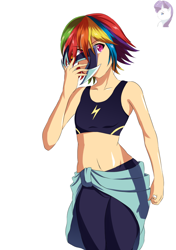 Size: 1024x1453 | Tagged: safe, artist:achaoticdotstar, derpibooru import, rainbow dash, human, pony, breasts, clothes, delicious flat chest, female, humanized, mare, pants, simple background, solo, sports bra, yoga pants