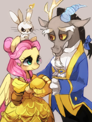 Size: 594x784 | Tagged: safe, artist:suikuzu, angel bunny, discord, fluttershy, draconequus, pegasus, pony, keep calm and flutter on, beauty and the beast, candle, discoshy, disney, female, male, movie reference, parody, shipping, straight