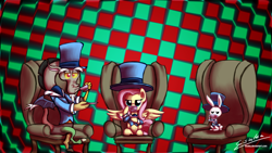 Size: 2000x1125 | Tagged: safe, artist:esuka, angel bunny, discord, fluttershy, pegasus, pony, keep calm and flutter on, classy, clothes, hat, tea party, top hat