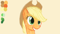 Size: 1280x720 | Tagged: safe, applejack, earth pony, pony, blonde mane, female, mare, orange coat, painting, smiling, solo