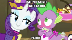 Size: 631x351 | Tagged: safe, edit, edited screencap, screencap, rarity, spike, dragon, pony, unicorn, dragon quest, apron, blushing, caption, clothes, female, hub logo, image macro, male, mare, meme, rarity's bad pickup lines, rocky horror picture show, shipping, sparity, straight