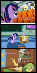 Size: 500x969 | Tagged: safe, derpibooru import, discord, spike, twilight sparkle, dragon, filly, glasses, homework, image macro