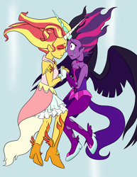 Size: 1946x2519 | Tagged: safe, artist:catlover1672, midnight sparkle, sci-twi, sunset shimmer, twilight sparkle, equestria girls, friendship games, crying, daydream shimmer, eyes closed, holding hands, horn, horns are touching, scene interpretation