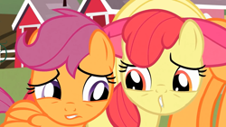 Size: 1280x720 | Tagged: safe, apple bloom, applejack, scootaloo, earth pony, pony, one bad apple, inverted mouth, right angle mouth