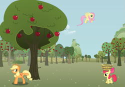 Size: 681x475 | Tagged: safe, artist:futzi01, apple bloom, applejack, fluttershy, earth pony, pegasus, pony, apple, apple orchard, apple tree, bucket, female, filly, flash game, foal, food, mare, orchard, tree