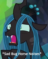 Size: 583x713 | Tagged: safe, edit, edited screencap, screencap, ocellus, queen chrysalis, changeling, changeling queen, what lies beneath, descriptive noise, disguise, disguised changeling, female, text