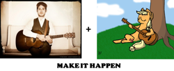 Size: 1070x439 | Tagged: safe, applejack, human, all caps, crossover, exploitable meme, gregory alan isakov, irl, make it happen, meme, meta, photo