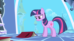 Size: 1072x603 | Tagged: safe, derpibooru import, screencap, twilight sparkle, unicorn twilight, pony, unicorn, friendship is magic, book, female, looking down, mare, solo, unimpressed