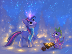 Size: 1000x750 | Tagged: safe, artist:rom-art, derpibooru import, spike, twilight sparkle, dragon, pony, unicorn, clothes, cute, female, glowing horn, mare, scarf, snow, snowfall, sparkles, wheelbarrow, winter