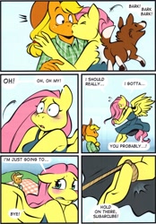 Size: 2042x2936 | Tagged: safe, artist:333456, applejack, fluttershy, winona, anthro, comic:once bitten twice appleshy, appleshy, breasts, comic, female, high res, hoofbeat, hoofbeat 2, lesbian, rope, shipping