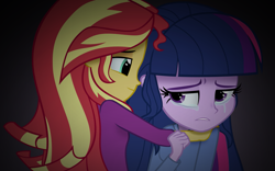 Size: 1229x768 | Tagged: safe, artist:bootsyslickmane, sci-twi, sunset shimmer, twilight sparkle, equestria girls, friendship games, clothes, comforting, comforting twilight, crying, fanfic art, fanfic cover, pajamas