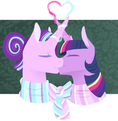 Size: 1280x1312 | Tagged: safe, artist:vindhov, part of a set, starlight glimmer, twilight sparkle, twilight sparkle (alicorn), alicorn, pony, alternate hairstyle, clothes, eyes closed, female, glowing horn, hair bun, heart, hearth's warming, kissing, lesbian, lineless, magic, scarf, shipping, simple background, transparent background, twistarlight