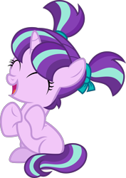 Size: 5036x7132 | Tagged: safe, artist:pink1ejack, starlight glimmer, pony, unicorn, the cutie re-mark, absurd resolution, clapping, cute, eyes closed, filly, filly starlight glimmer, glimmerbetes, hair ribbon, happy, open mouth, pigtails, simple background, sitting, smiling, solo, transparent background, underhoof, vector, younger