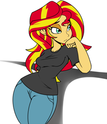 Size: 1039x1200 | Tagged: dead source, safe, artist:reiduran, sunset shimmer, equestria girls, :i, bored, clothes, colored, female, jeans, lidded eyes, looking away, pants, sexy, shirt, simple background, solo, t-shirt, white background, wide hips