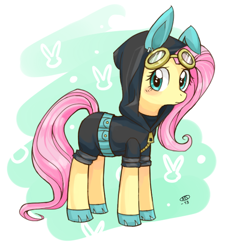 Size: 522x570 | Tagged: safe, artist:milk4ppl, fluttershy, pegasus, pony, blushing, bunny ears, clothes, dangerous mission outfit, female, goggles, hoodie, looking at you, mare, solo