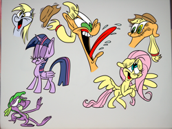 Size: 1600x1200 | Tagged: safe, artist:nocturnalmeteor, applejack, derpy hooves, fluttershy, spike, twilight sparkle, twilight sparkle (alicorn), alicorn, dragon, earth pony, pegasus, pony