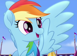 Size: 1108x800 | Tagged: safe, derpibooru import, screencap, rainbow dash, pegasus, pony, my little pony: the movie, cropped, cute, dashabetes, female, flying, happy, mare, open mouth, solo