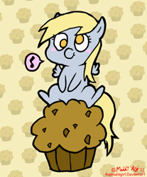 Size: 700x844 | Tagged: safe, artist:raphaelsgirl, derpy hooves, pegasus, pony, blushing, chibi, cute, derpabetes, female, giant muffin, hnnng, mare, muffin, music notes, solo