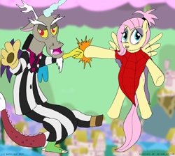 Size: 900x806 | Tagged: safe, artist:ladyanidraws, discord, fluttershy, pegasus, pony, keep calm and flutter on, beetlejuice, crossover, tim burton