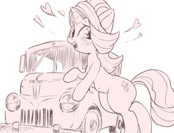 Size: 1399x1067 | Tagged: safe, artist:k-nattoh, starlight glimmer, pony, belly button, bipedal, bipedal leaning, heart, leaning, monochrome, solo, vehicle