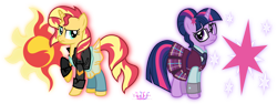 Size: 4883x1842 | Tagged: safe, artist:meganlovesangrybirds, sci-twi, sunset shimmer, twilight sparkle, pony, unicorn, equestria girls, friendship games, absurd resolution, clothes, crystal prep academy, crystal prep academy uniform, crystal prep shadowbolts, cutie mark, ear piercing, equestria girls outfit, equestria girls ponified, glasses, inkscape, leather jacket, logo, looking at each other, looking back, piercing, pleated skirt, ponified, raised hoof, school uniform, signature, simple background, skirt, transparent background, unicorn sci-twi, vector, versus
