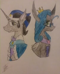 Size: 1932x2383 | Tagged: safe, artist:drawingwithapitoffriendship, king sombra, queen chrysalis, reversalis, changeling, changeling queen, pony, unicorn, bust, coloured pencil, crown, good king sombra, jewelry, mirror universe, regalia, traditional art