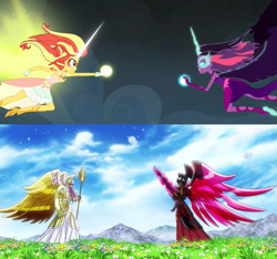 Size: 1067x1000 | Tagged: safe, edit, screencap, midnight sparkle, sci-twi, sunset shimmer, twilight sparkle, equestria girls, friendship games, armor, athena, comparison, daydream shimmer, duel, pallas, saint seiya, saint seiya omega, saori kido