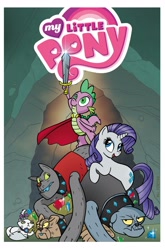 Size: 2063x3131 | Tagged: safe, artist:billforster, idw, opalescence, rarity, rover, diamond dog, pony, unicorn, cape, clothes, comic cover, cover, gem, hero, jewelry, logo, my little pony logo, pile, sword, weapon