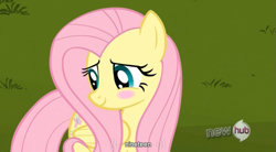 Size: 763x421 | Tagged: safe, edit, edited screencap, screencap, fluttershy, pegasus, pony, keep calm and flutter on, blushing, caption, female, hub logo, mare, solo, youtube caption