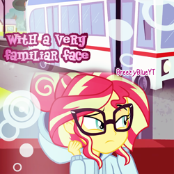 Size: 1000x1000 | Tagged: safe, artist:breezyblueyt, edit, sunset shimmer, equestria girls, friendship games, alternate hairstyle, bun, clothes, glasses, hoodie, manip