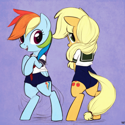 Size: 1600x1600 | Tagged: safe, artist:tex, derpibooru import, applejack, rainbow dash, earth pony, pegasus, pony, clothes, school swimsuit, swimsuit