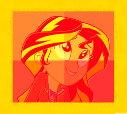 Size: 1250x1125 | Tagged: safe, artist:ahsokafan100, artist:illumnious, sunset shimmer, equestria girls, rainbow rocks, clothes, leather jacket, limited palette, modern art, pop art, smiling, solo, vector