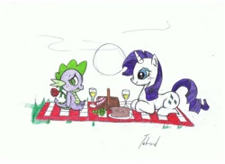 Size: 1048x762 | Tagged: safe, artist:ronmart12, rarity, spike, dragon, pony, unicorn, alcohol, blushing, date, female, flower, food, grapes, male, picnic, picnic basket, picnic blanket, rose, shipping, sparity, straight, traditional art, wine