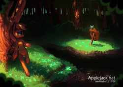 Size: 1001x709 | Tagged: safe, artist:derekireba, applejack, butterfly, earth pony, pony, bipedal, clearing, dark, female, flower, forest, glow, hat, hat off, leaning back, looking at something, mare, outdoors, pixiv, smiling, solo, tree, under the tree, water