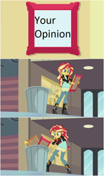 Size: 558x941 | Tagged: safe, edit, screencap, sunset shimmer, equestria girls, my past is not today, exploitable meme, into the trash it goes, meme, opinion, reaction image, solo, trash, trash can