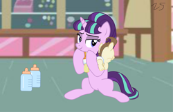 Size: 1600x1043 | Tagged: safe, artist:zacharygoblin55, pound cake, pumpkin cake, starlight glimmer, pony, baby, baby pony, babysitting, burp, cake twins, colt, female, filly, foal, male, milk bottle, sitting, sugarcube corner