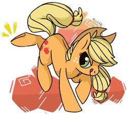 Size: 610x560 | Tagged: dead source, safe, artist:scervo, applejack, earth pony, pony, bucking, cutie mark background, female, mare, signature, solo, tongue out