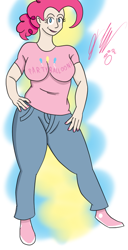 Size: 400x783 | Tagged: safe, artist:antiwrathman, pinkie pie, clothes, humanized, pants, ponytail, pun