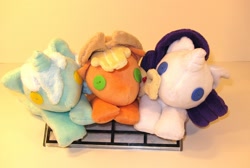 Size: 2148x1440 | Tagged: safe, artist:ayashiino, applejack, lyra heartstrings, rarity, beanie (plushie), irl, photo, plushie