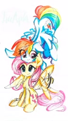 Size: 2120x3771 | Tagged: safe, artist:liaaqila, derpibooru import, fluttershy, rainbow dash, pegasus, pony, female, flutterdash, lesbian, mare, multicolored hair, shipping, simple background, smiling, traditional art