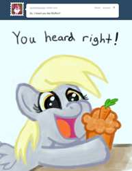 Size: 770x1000 | Tagged: safe, derpy hooves, pegasus, pony, ask, ask a mailmare, carrot, female, mare, muffin, tumblr