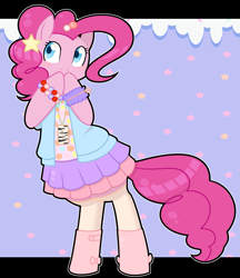 Size: 1201x1392 | Tagged: safe, artist:redintravenous, pinkie pie, pony, accessory, bipedal, boots, bracelet, clothes, cute, diapinkes, fashion, hoof boots, skirt, solo, stars, stockings, zettai ryouiki