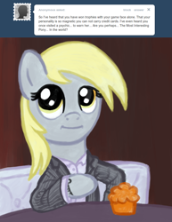 Size: 770x1000 | Tagged: safe, derpy hooves, pegasus, pony, ask, ask a mailmare, clothes, female, mare, muffin, suit, the most interesting man in the world, tumblr