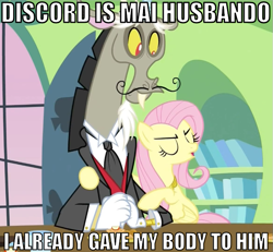 Size: 649x600 | Tagged: safe, edit, edited screencap, screencap, discord, fluttershy, pegasus, pony, keep calm and flutter on, discoshy, husbando, image macro, shipping, waifu