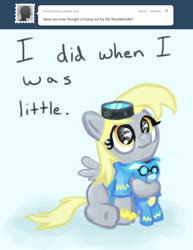 Size: 770x1000 | Tagged: safe, derpy hooves, soarin', ask, ask a mailmare, filly, goggles, plushie, tumblr, wonderbolts, wonderbolts uniform, younger