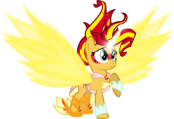 Size: 8192x5603 | Tagged: safe, artist:comic-graffiti, sunset shimmer, pony, equestria girls, friendship games, absurd resolution, clothes, daydream shimmer, dress, equestria girls ponified, frown, glowing horn, ponified, raised hoof, simple background, solo, sparkles, spread wings, transparent background, vector
