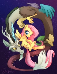 Size: 1280x1646 | Tagged: dead source, safe, artist:sambragg, discord, fluttershy, pegasus, pony, keep calm and flutter on, discoshy, female, male, shipping, straight