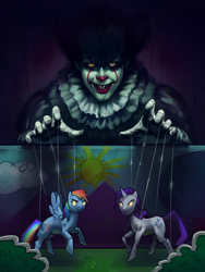 Size: 1500x2000 | Tagged: safe, artist:andromedadualitas, derpibooru import, rainbow dash, rarity, pegasus, pony, unicorn, crossover, fanart mashup challenge, glowing eyes, it, no more ponies at source, pennywise, puppet, puppet theater, stephen king